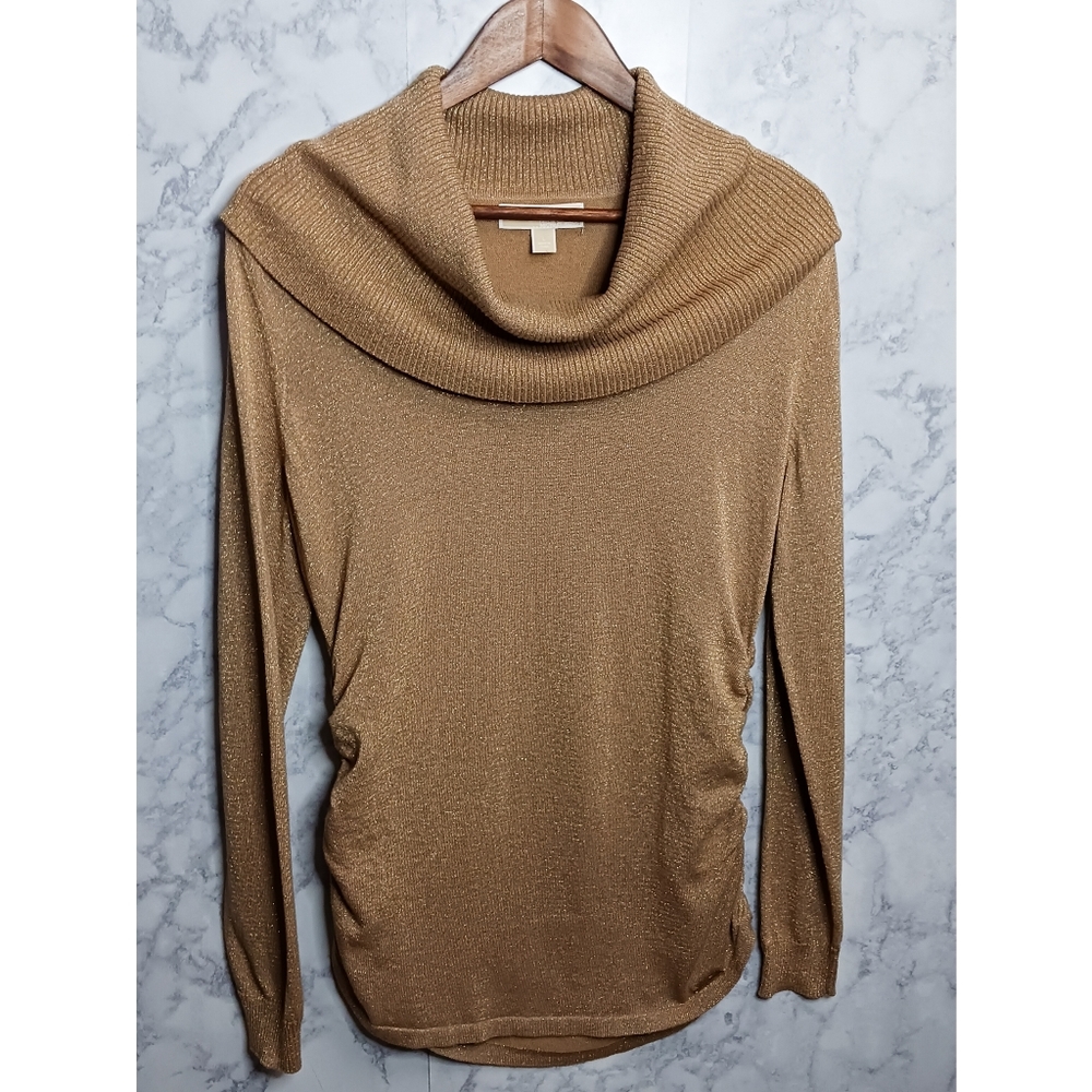 Michael Kors Light Sweater Women Size L Gold Cowl Neck Stretch Preppy Fall